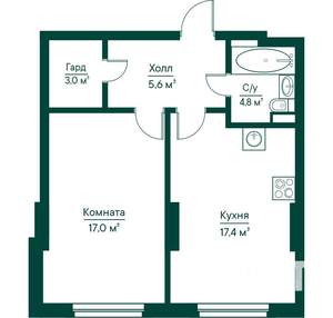2-к квартира, строящийся дом, 48м2, 2/29 этаж