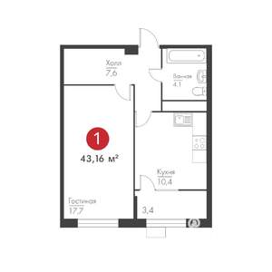 1-к квартира, строящийся дом, 43м2, 4/19 этаж