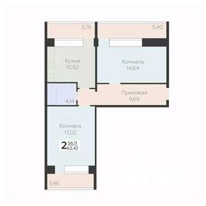 2-к квартира, строящийся дом, 62м2, 6/10 этаж