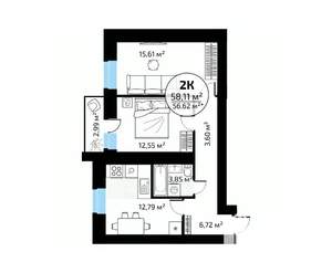 2-к квартира, вторичка, 58м2, 15/18 этаж