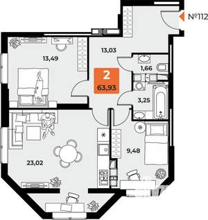 2-к квартира, вторичка, 64м2, 13/23 этаж