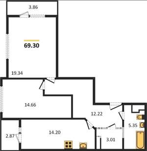 2-к квартира, вторичка, 69м2, 21/25 этаж