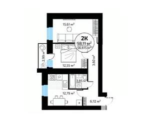 2-к квартира, вторичка, 58м2, 10/18 этаж