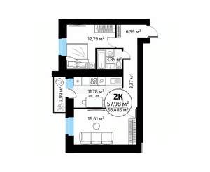 2-к квартира, вторичка, 58м2, 13/18 этаж