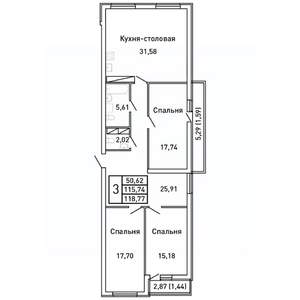 3-к квартира, вторичка, 119м2, 2/25 этаж