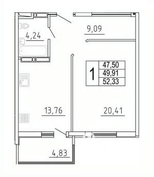 1-к квартира, строящийся дом, 52м2, 21/27 этаж
