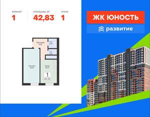 1-к квартира, вторичка, 43м2, 1/24 этаж