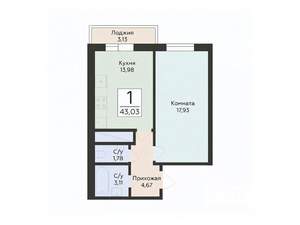 1-к квартира, вторичка, 43м2, 6/24 этаж