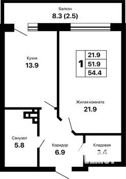 1-к квартира, вторичка, 54м2, 9/16 этаж