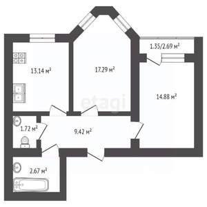 2-к квартира, вторичка, 61м2, 12/17 этаж