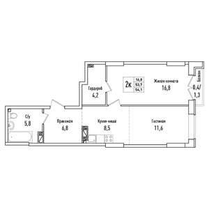 2-к квартира, вторичка, 54м2, 2/6 этаж