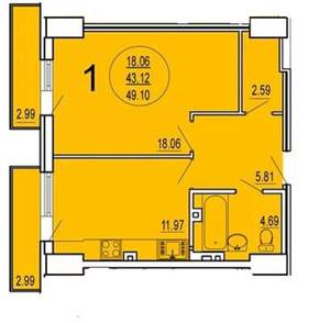 1-к квартира, сданный дом, 51м2, 9/20 этаж