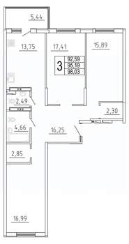 3-к квартира, строящийся дом, 98м2, 17/27 этаж