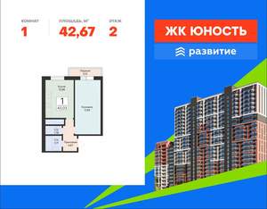 1-к квартира, вторичка, 43м2, 2/24 этаж