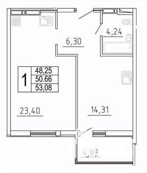 1-к квартира, строящийся дом, 53м2, 24/27 этаж