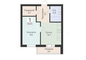 1-к квартира, строящийся дом, 35м2, 3/16 этаж