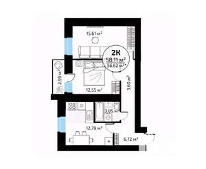 2-к квартира, вторичка, 58м2, 14/18 этаж