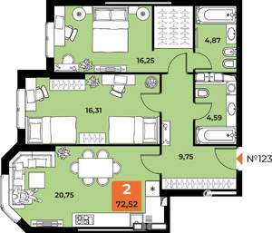 2-к квартира, вторичка, 71м2, 14/23 этаж