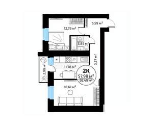 2-к квартира, вторичка, 58м2, 16/18 этаж