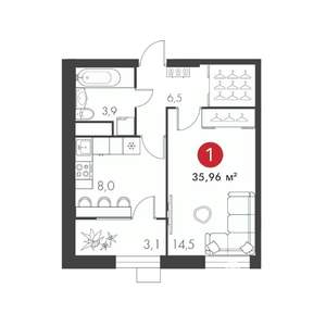 1-к квартира, строящийся дом, 36м2, 11/23 этаж