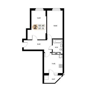 2-к квартира, строящийся дом, 55м2, 2/26 этаж