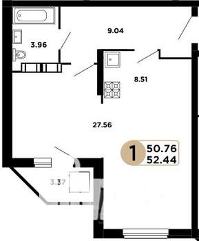 1-к квартира, строящийся дом, 51м2, 19/25 этаж