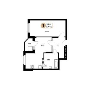 2-к квартира, строящийся дом, 56м2, 2/26 этаж