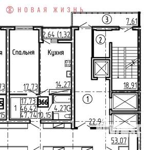 1-к квартира, строящийся дом, 48м2, 23/25 этаж
