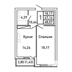 1-к квартира, вторичка, 49м2, 14/25 этаж