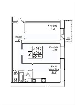 2-к квартира, строящийся дом, 65м2, 7/17 этаж