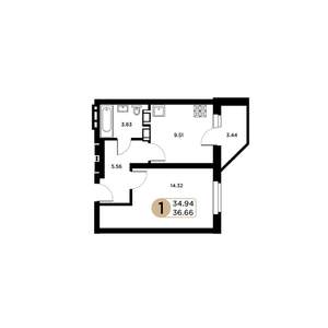 1-к квартира, строящийся дом, 35м2, 2/26 этаж