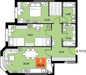 2-к квартира, вторичка, 72м2, 4/23 этаж