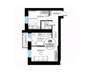 2-к квартира, вторичка, 58м2, 12/18 этаж