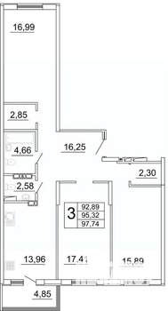 3-к квартира, строящийся дом, 98м2, 24/27 этаж