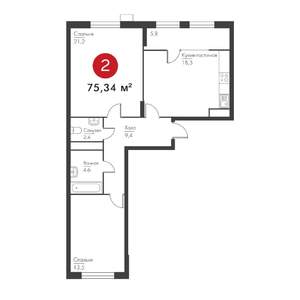 2-к квартира, строящийся дом, 75м2, 1/9 этаж