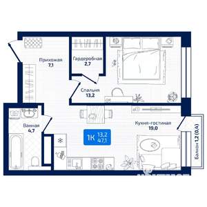 1-к квартира, вторичка, 47м2, 3/19 этаж