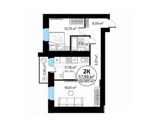 2-к квартира, вторичка, 58м2, 9/18 этаж