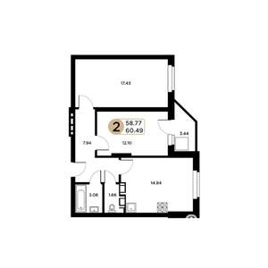 2-к квартира, строящийся дом, 61м2, 22/26 этаж