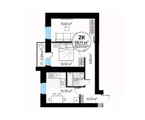 2-к квартира, вторичка, 58м2, 12/18 этаж