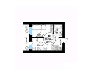 1-к квартира, вторичка, 38м2, 13/18 этаж