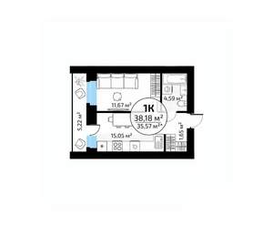 1-к квартира, вторичка, 38м2, 8/18 этаж