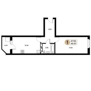 1-к квартира, строящийся дом, 48м2, 2/26 этаж