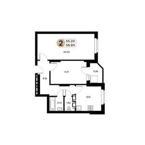 2-к квартира, строящийся дом, 58м2, 23/26 этаж