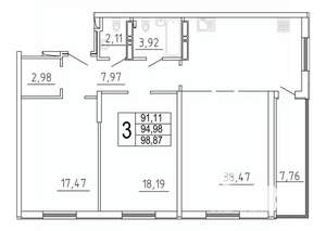 3-к квартира, строящийся дом, 99м2, 18/27 этаж