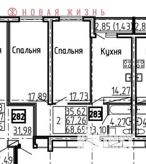 2-к квартира, строящийся дом, 69м2, 22/25 этаж