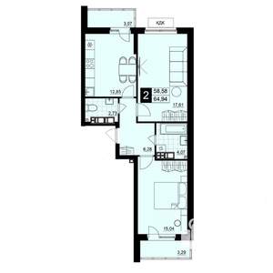 2-к квартира, строящийся дом, 62м2, 3/15 этаж