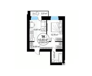 1-к квартира, вторичка, 44м2, 9/18 этаж