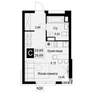 Студия квартира, вторичка, 30м2, 6/19 этаж
