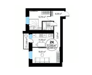 2-к квартира, вторичка, 58м2, 7/18 этаж