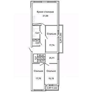 3-к квартира, вторичка, 119м2, 15/25 этаж